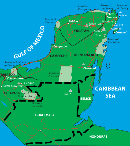 Mapa de la península del Yucatán y las ruinas mayas