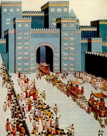 Boceto de cómo eran las procesiones a través de la Puerta de Ishtar, en Babilonia