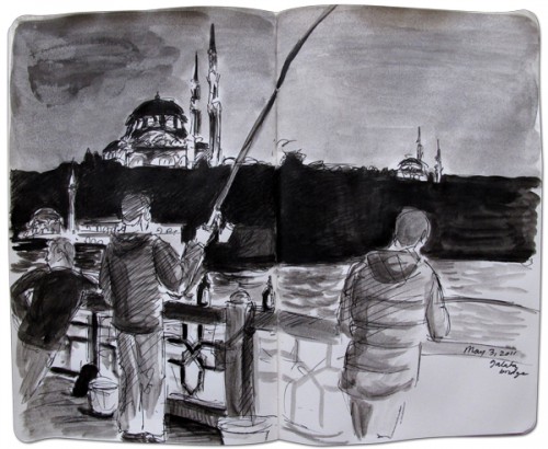 Dibujo de los pescadores del puente de Galatea en Estambul