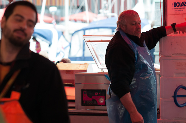 Propietario noruego del puesto de pescado en el mercado de Bergen"