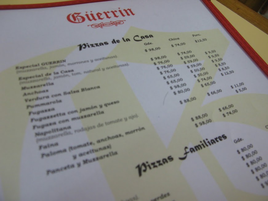 Carta de la pizzería Güerrin de Buenos Aires